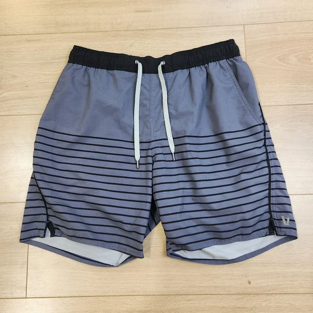 Vuori Trail Shorts Mens Medium Gray Stripe Elastic Waist Lined Trunks Quick Dry